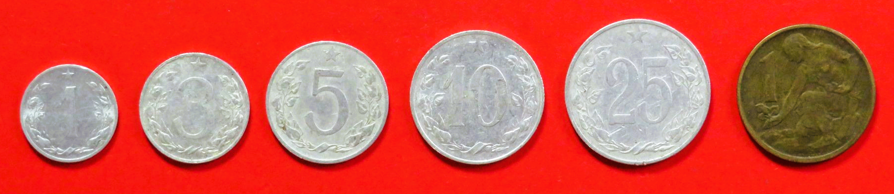 Czechoslovakia - Set 3:  1/3/5/10/25 Haleru + 1 Koruna, 1953-60, circulated (USED / vf)