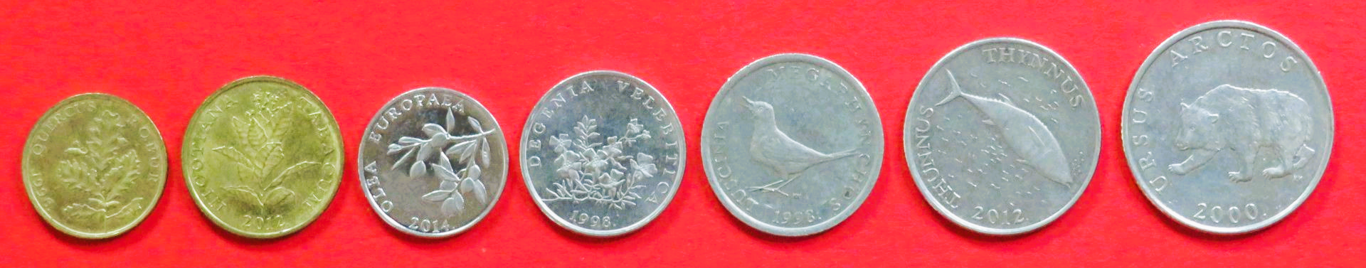 Croatia - Set 2:  5/10/20/50 Lipa + 1/2/5 Kuna, 1994+, circulated (used / vf+), # 18-24 (latin inscription)