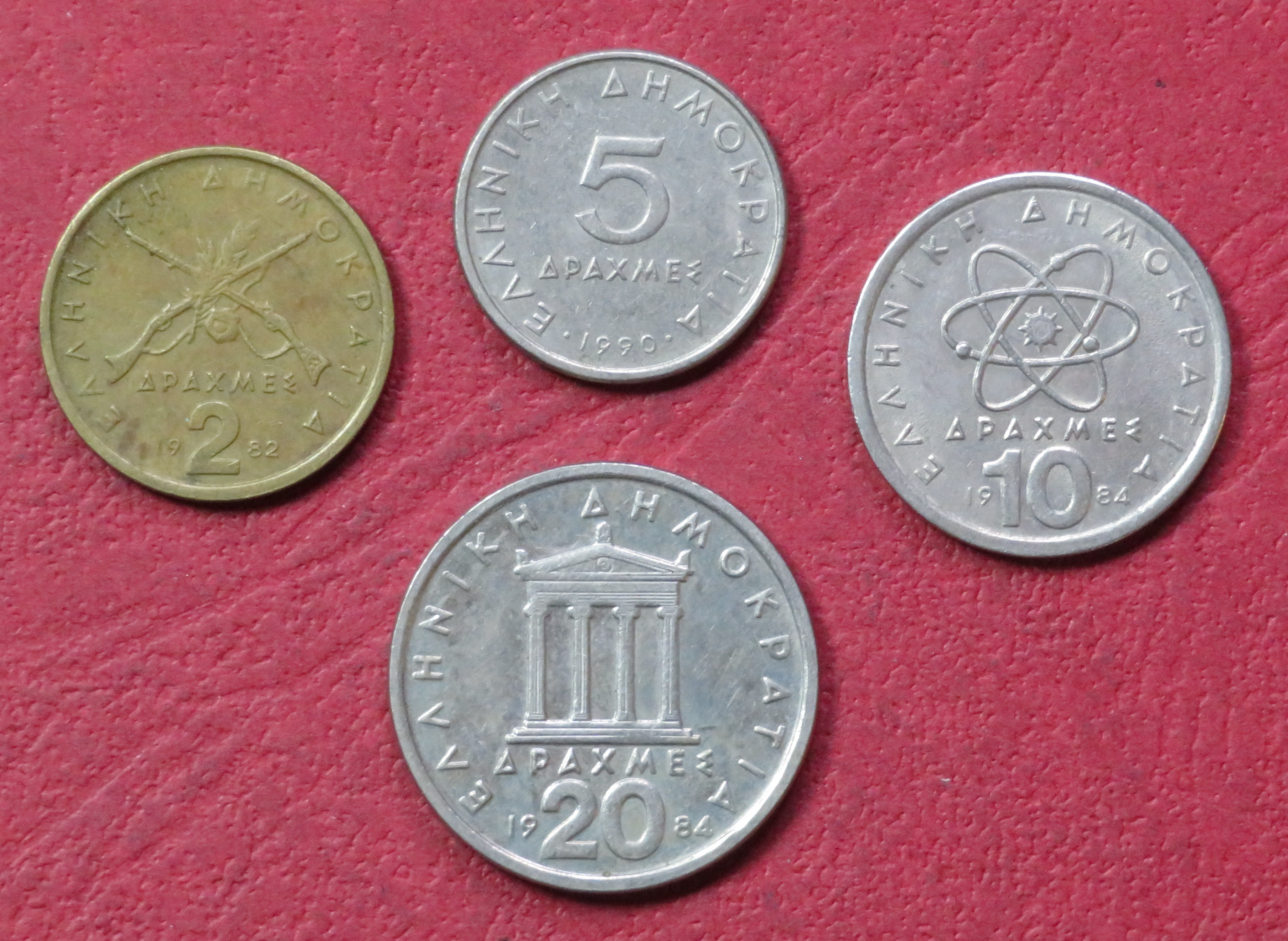 Greece Set 7:  Set of 4 coins, 2-20 "Drachmes", 1982-2000, circulated (USED)   