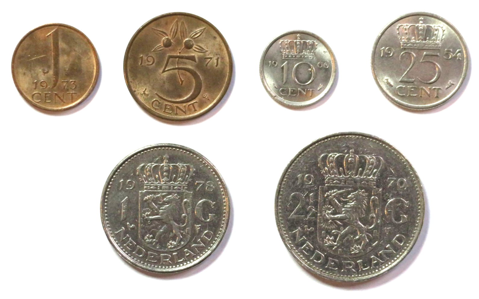 Niederlande - Set 4: Set 6 Münzen, 0,01-2,5 Gulden, 1948-1980, gebraucht (USED / ss)
