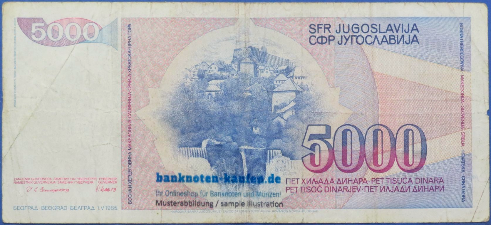 Jugoslawien, 5.000 Dinara, 1985, gebraucht (USED / F), P-93a
