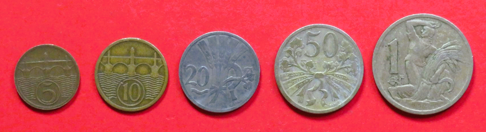 Czechoslovakia - Set 4:  5/10/20/50 Haleru + 1 Koruna, 1921-38, circulated (USED / vf)