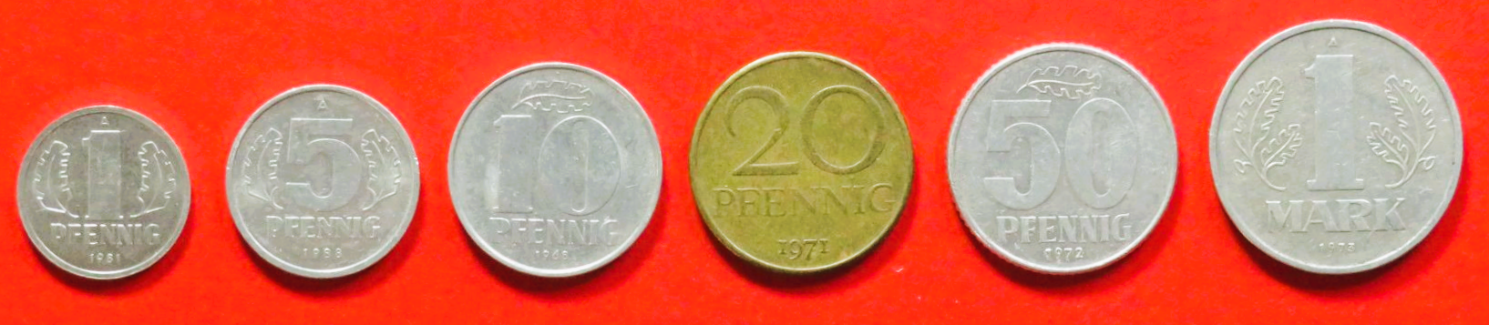 DDR - Set 3: 1/5/10/20/50 Pfennig + 1 Mark, 1958-1990, gebraucht (used / ss), # 8-12/15