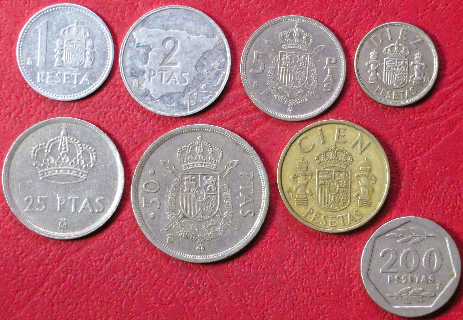 Spain - Set 6:  8 coins, 1-200 Pesetas, 1982-88, circulated (USED / vf)
