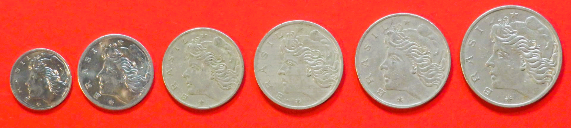 Brasilien: 1/5/10/20/50 Centavos + 1 Cruzeiro, 1969/1970/1974-78, gebraucht (used / ss)