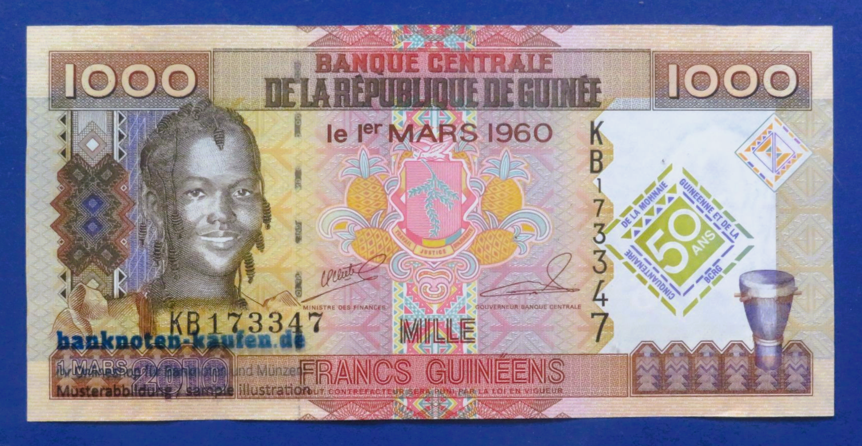 Guinea - 1,000 Francs, 2010, about uncirculated (AU), Commemorative issue, P-43b