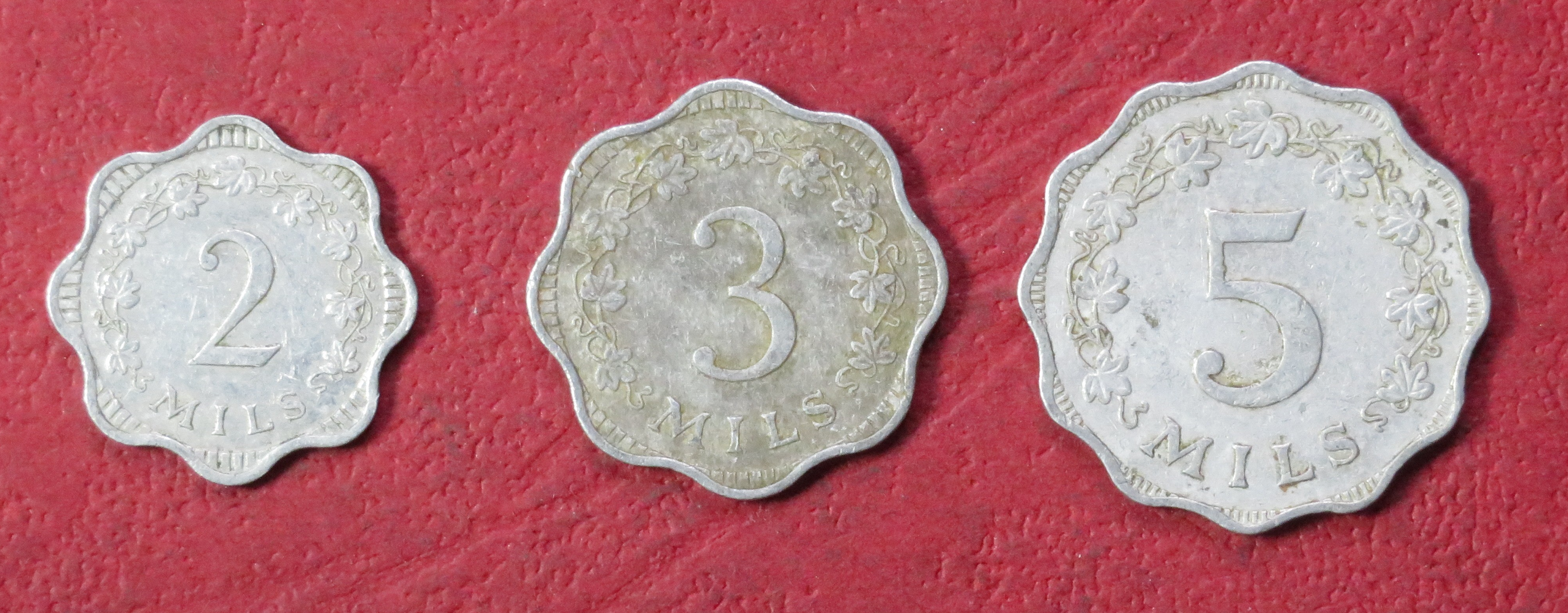 Malta Set 1:  3 coins, 2-5 Mils, 1972-1981, circulated (USED)      