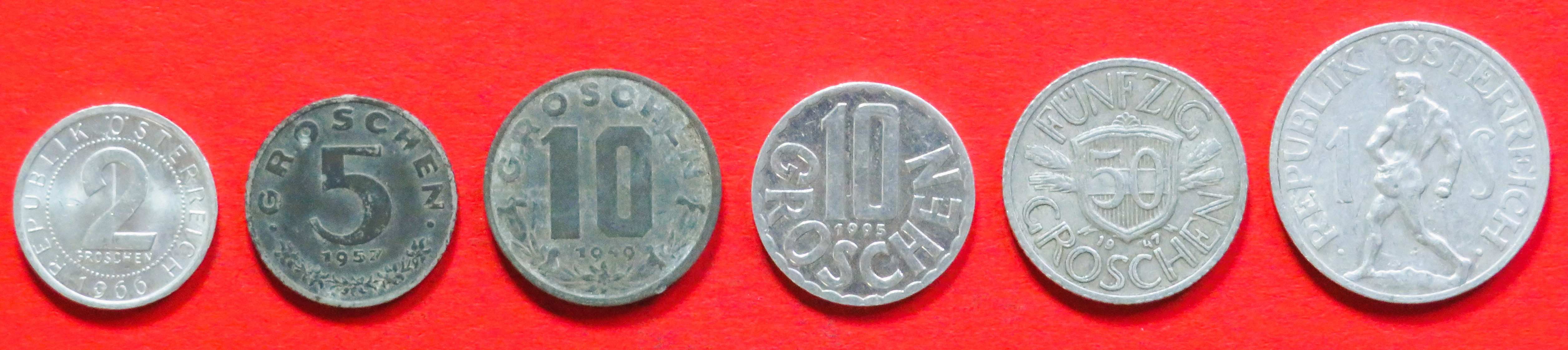 Österreich - Set 5:  2/5/10/10/50 Groschen + 1 Schilling, 1946+, gebraucht (used / ss), # 64-67/69-70