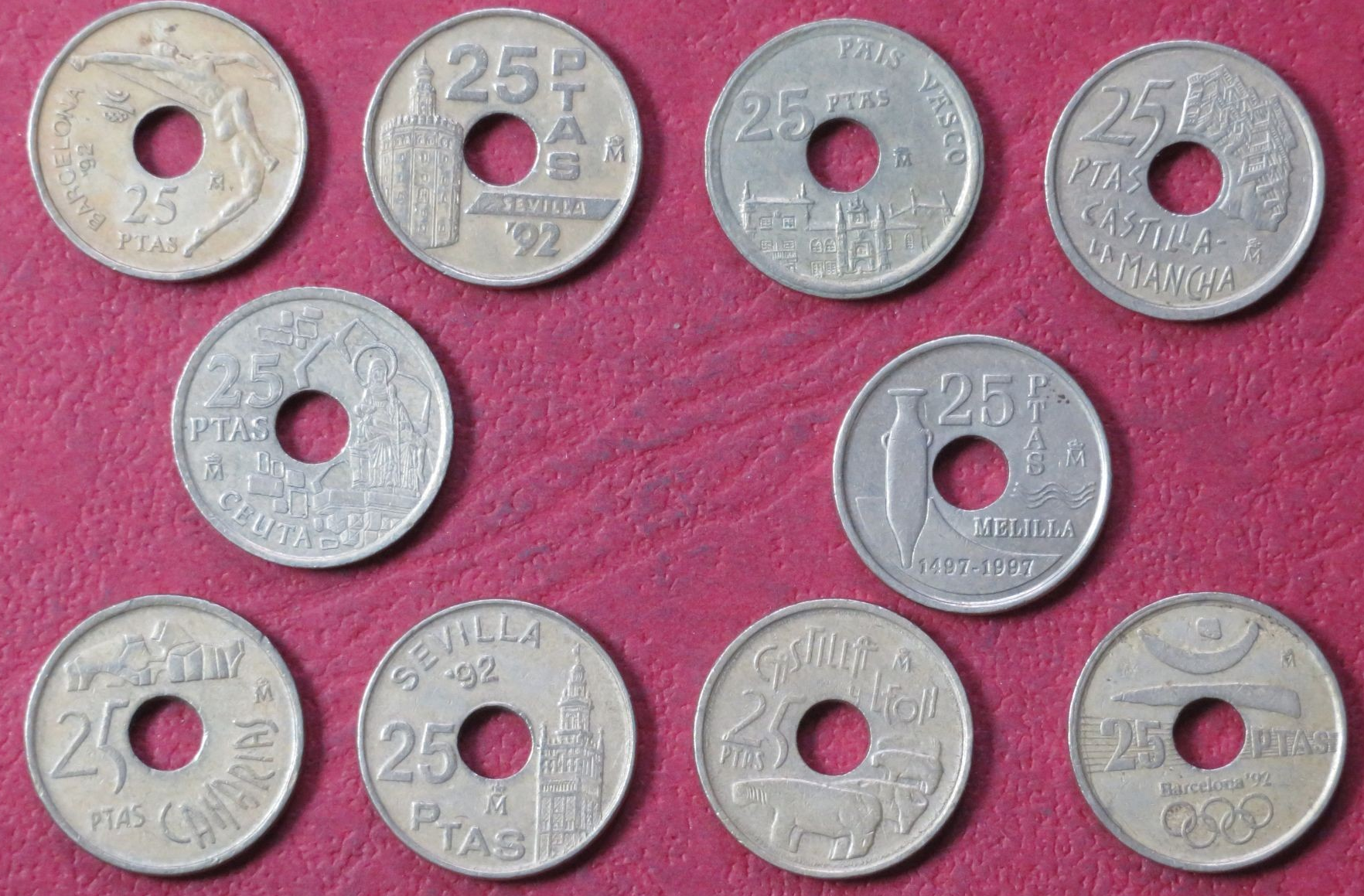 Spain Set 25-Pts:  10 different coins of 25-Pesetas, 1990-2001, circulated (USED)