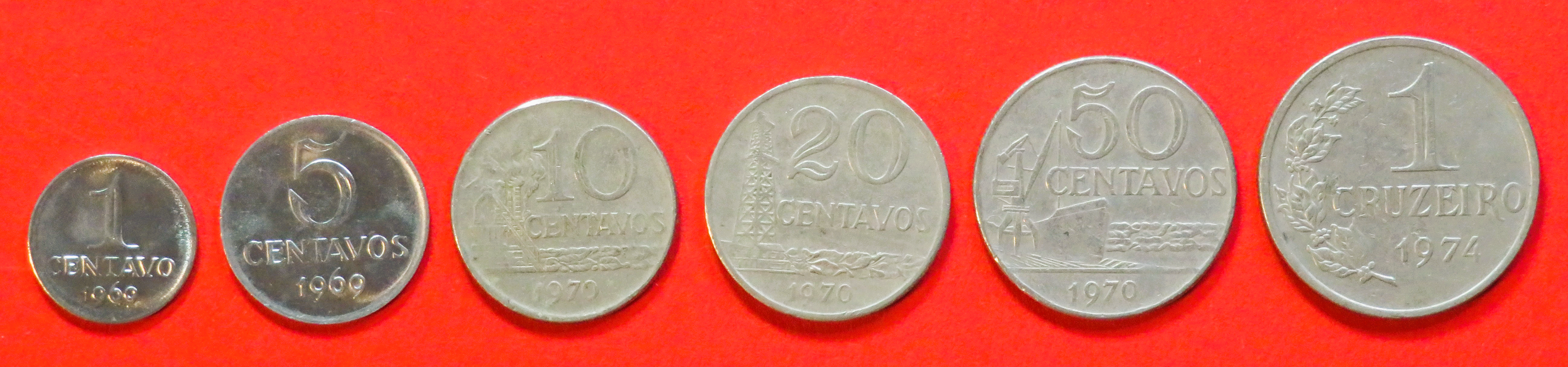 Brazil: 1/5/10/20/50 Centavos + 1 Cruzeiro, 1969/1970/1974-78, circulated (used / vf)