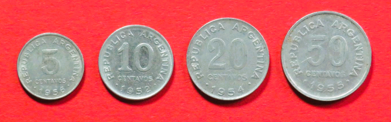 Argentina - Set 1: 5/10/20/50 Centavos, 1951-1956, circulated (used / vf), # 49-52