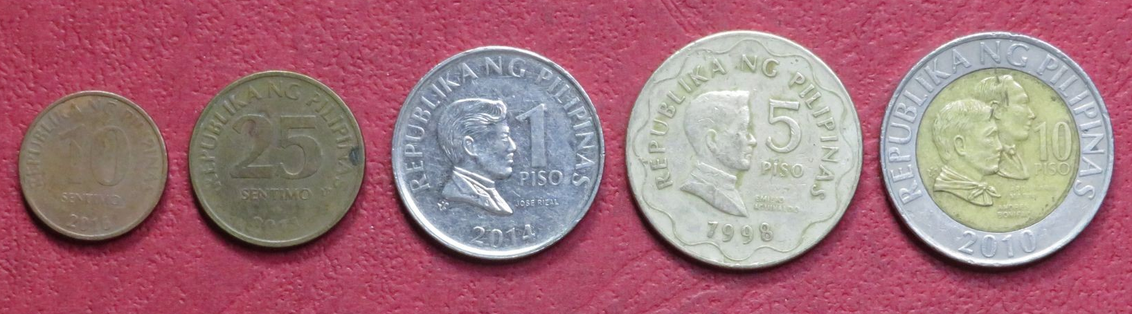 Philippines Set 1: Set of 5 coins, 0,1-10 Piso, circulated (USED)