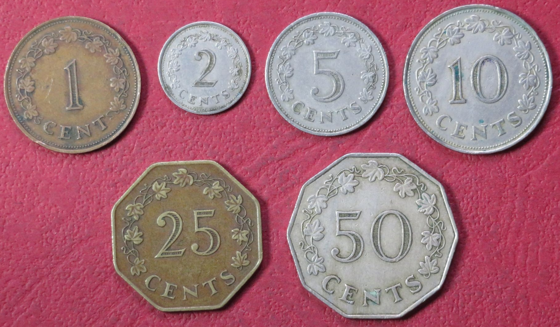 Malta Set 2:  6 coins, 1-50 Cents, 1972-1981, circulated (USED)      