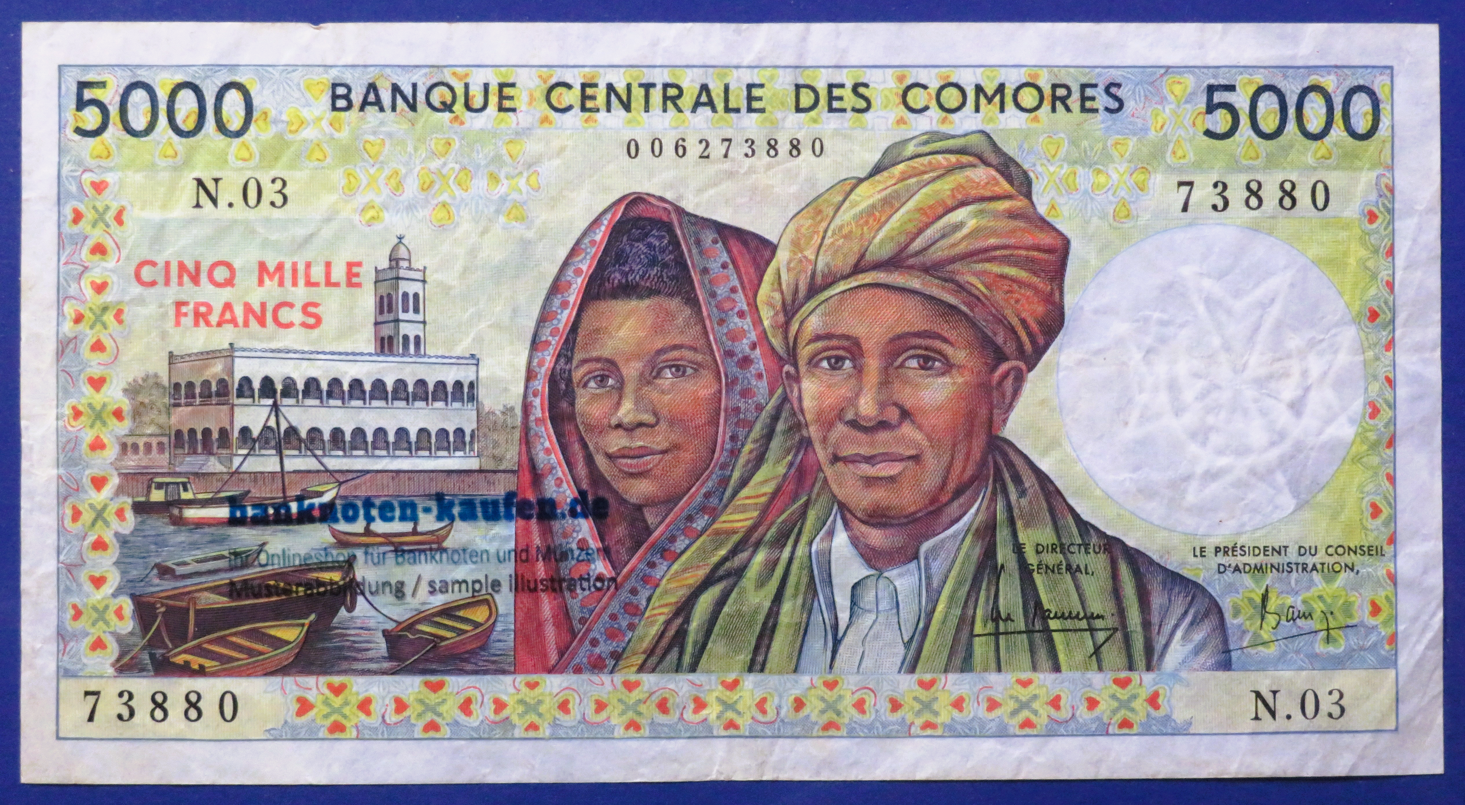 Comoros - 5,000 Francs, 1984-2005ND, circulated (USED / F-VF), P-12a