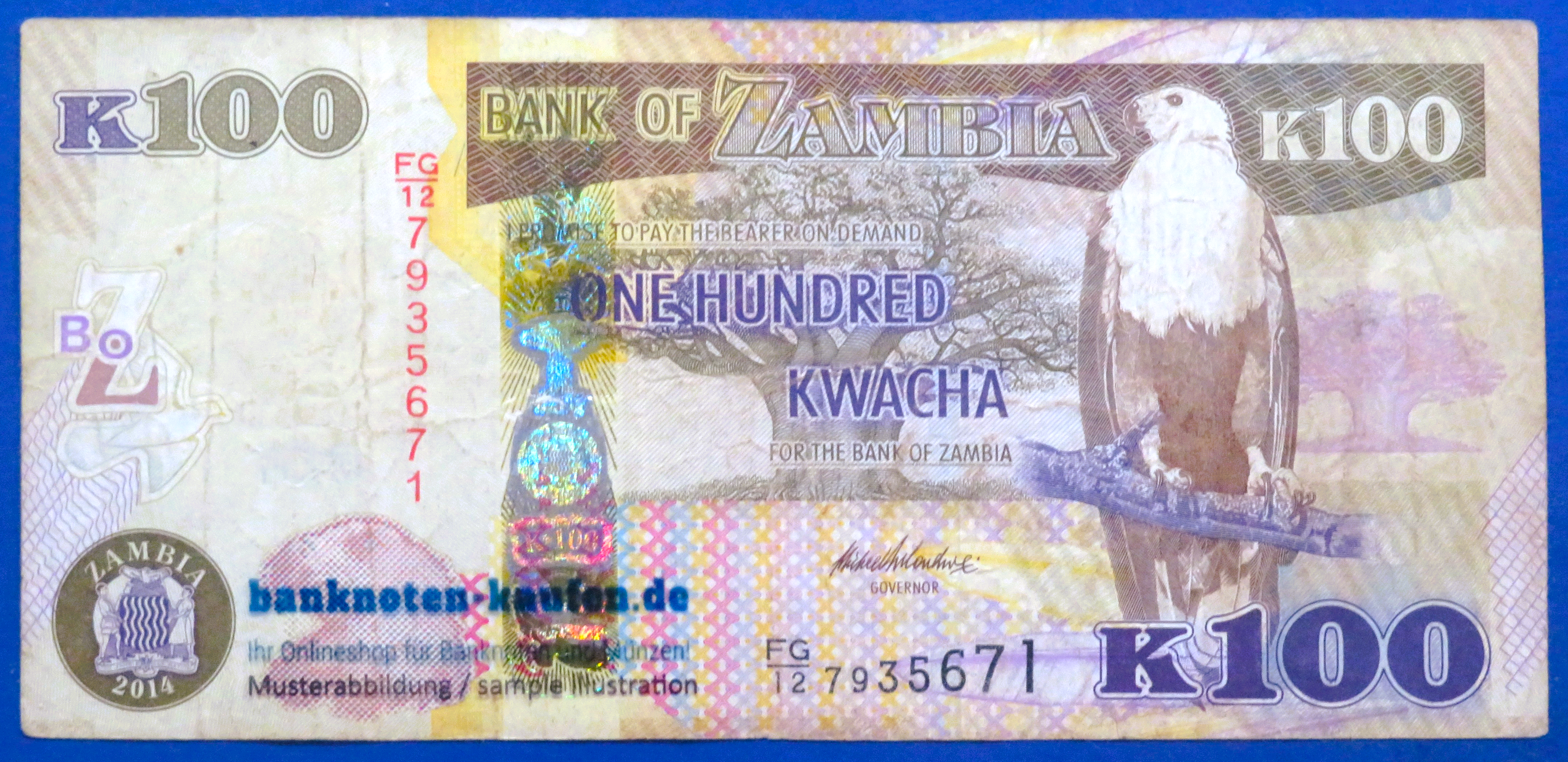 Zambia, 100 Kwacha, 2014, circulated (USED / F), P-54c