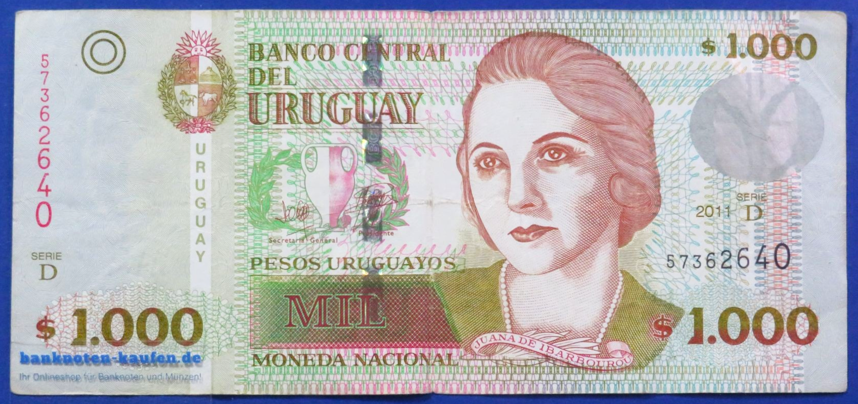 Uruguay - 1,000 Pesos Uruguayos, 2011, circulated (USED / F), P-91c