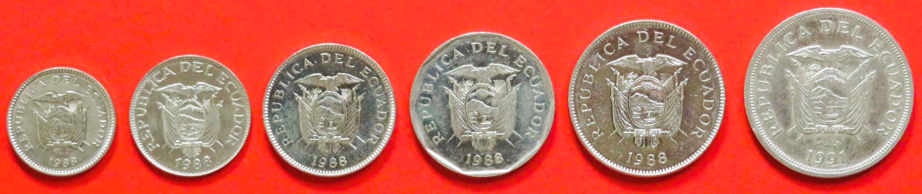 Ecuador - Set 1: 50 Centavos + 1/5/10/20/50 Sucres, 1988-1991, gebraucht (used / ss-vz), # 83-88