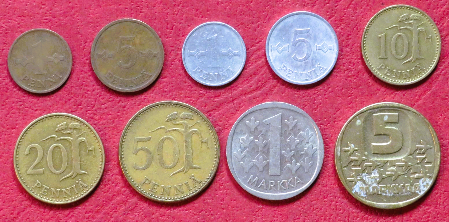 Finland - Set 3: 0,01-5 Markka, 1963-1993, circulated (USED / vf)