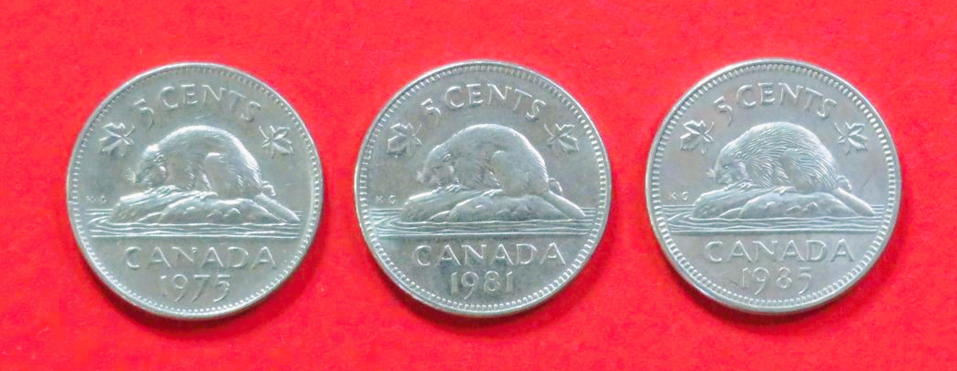 Canada - Set:  3 x 5 Cents (variants), 1965-1989, circulated (used / vf), # 60.1/60.2/60a