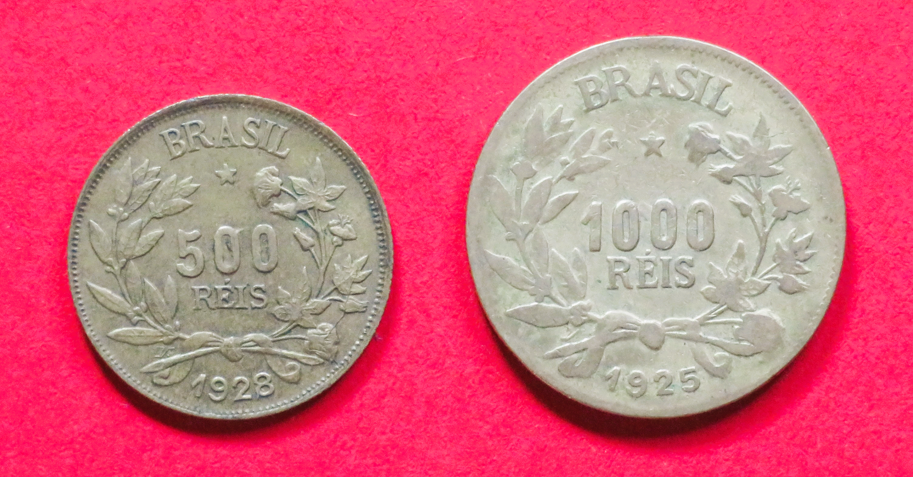 Brasilien: 500/1.000 Reis, 1928/1925, gebraucht (used / ss)