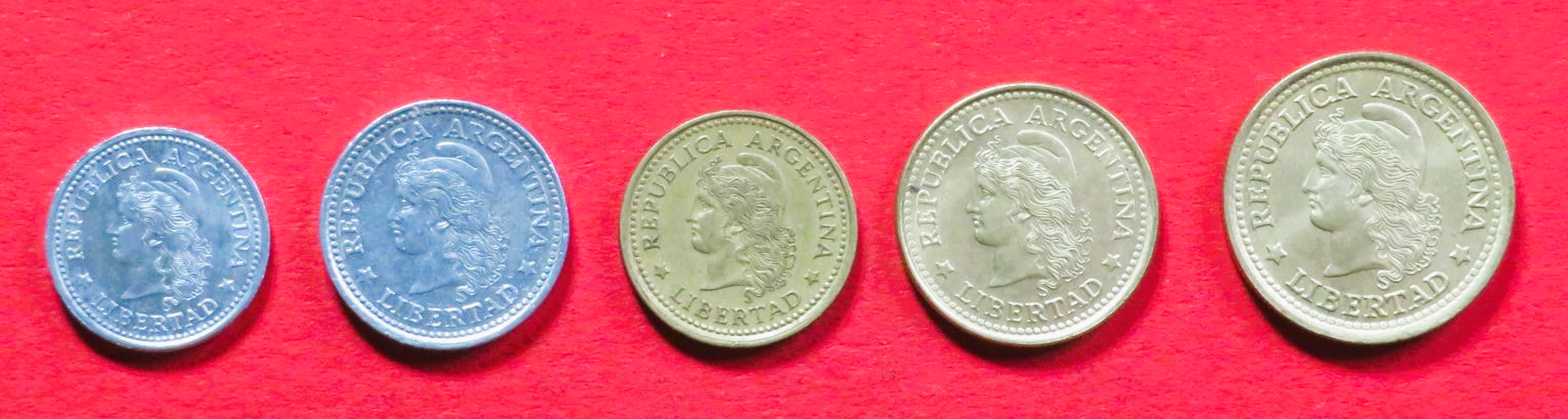Argentina - Set 5:  1/5/10/20/50 Centavos, 1970-1976, circulated (used / vf), # 64-68