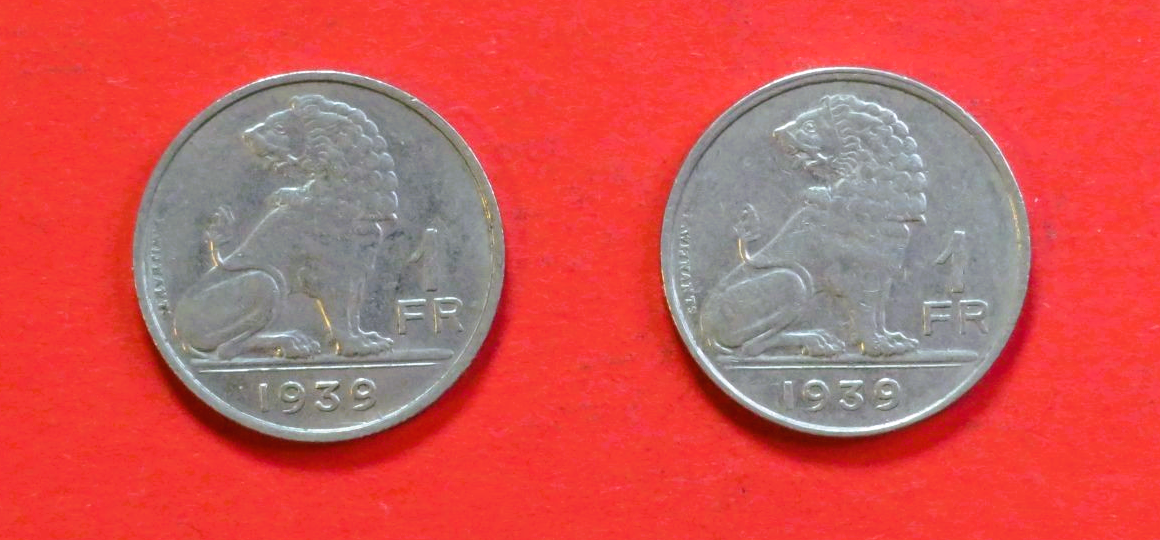 Belgien - Set 6:  1 Frank + 1 Franc (nl-frz / frz-nl), 1938-1940, gebraucht (USED / ss)