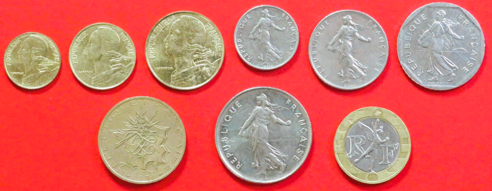 Frankreich - Set 6:  5/10/20 Centimes + ½/1/2/5/10/10 Francs, 1960-2001, gebraucht (used / ss)