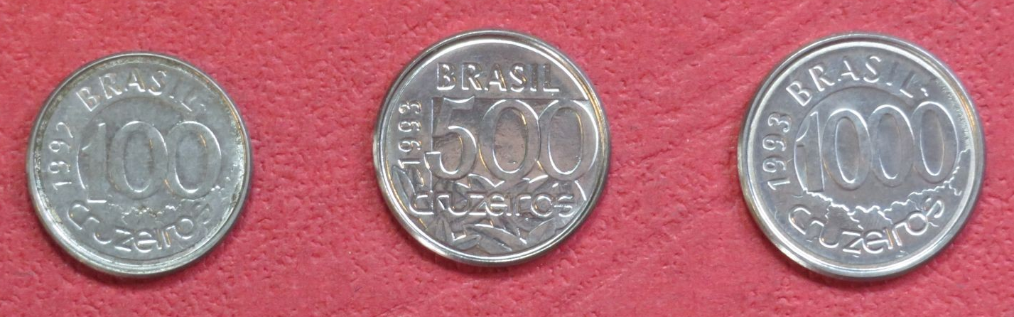 Brazil - Set 7: Lot of 3 coins, 100 - 1.000 Cruzeiros, 1992-1993, circulated (USED / vf) 