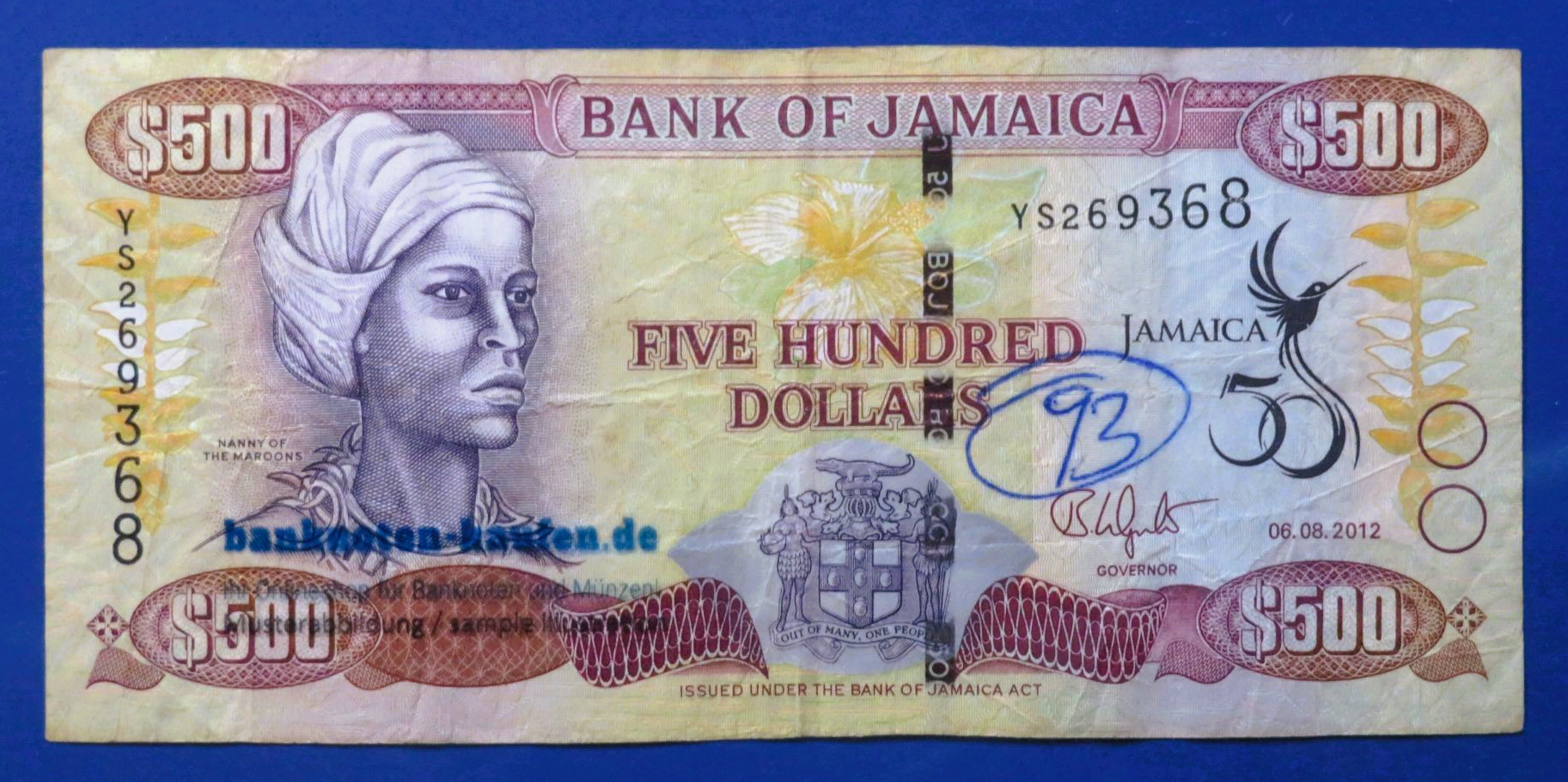 Jamaica, 500 Dollars, 2012, circulated (USED / F), Commemorative issue, P-91