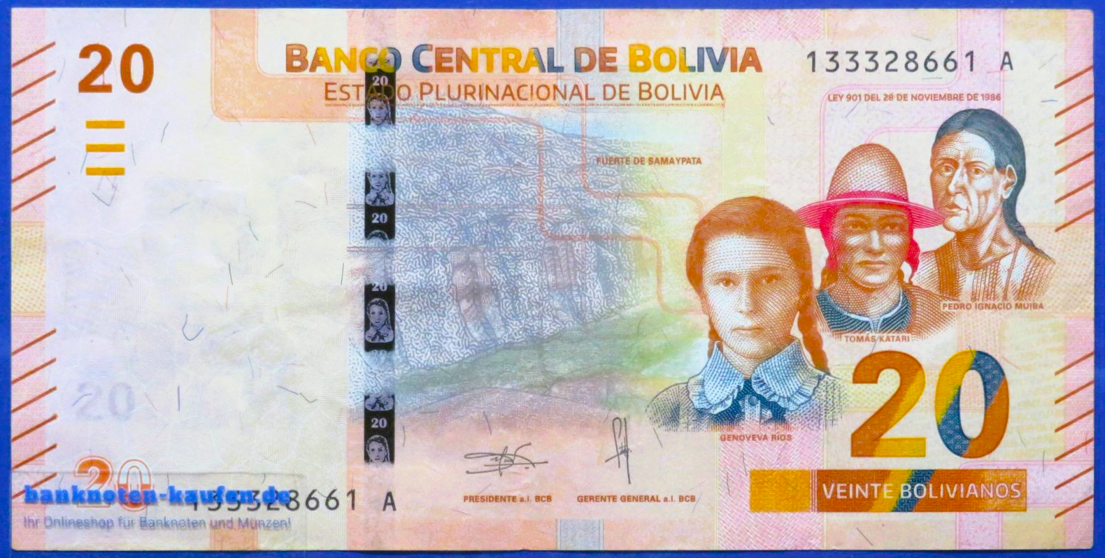 Bolivien, 20 Bolivianos, L. 1986 (2018ND), gebraucht (USED / VF), P-249