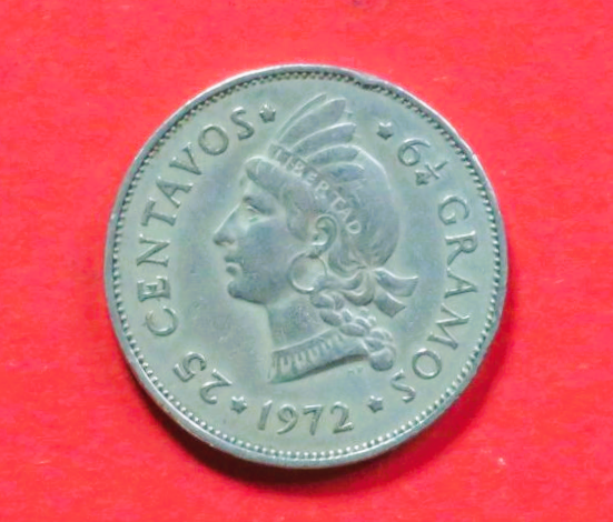 Dominikanische Republik: 25 Centavos, 1967-1974, gebraucht (used / ss), # 5a.1