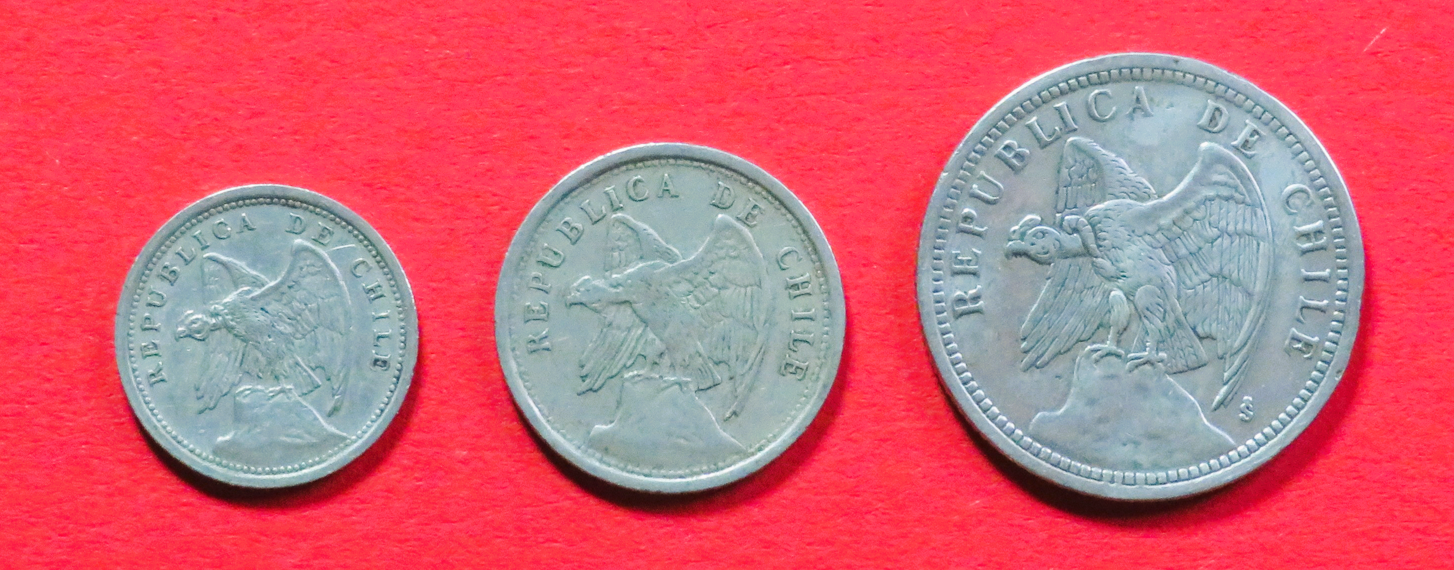 Chile - Set:  10/20 Centavos + 1 Peso, 1938/1924/1933, gebraucht (used / ss), # 10/12/17