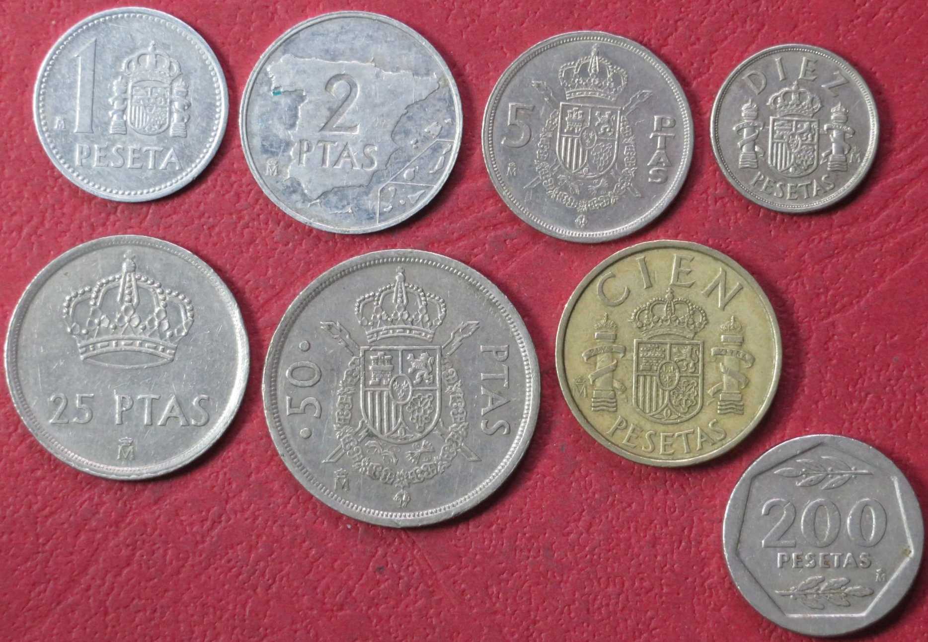 Spain Set 6:  8 coins, 1-200 Pesetas, 1982-88, circulated (USED)