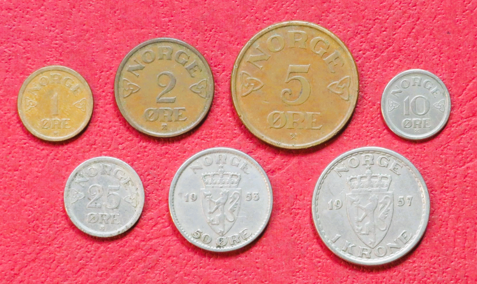Norway - Set 3: set of 7 coins, 0,01-1 Krone, 1951-1957, circulated (USED / vf)
