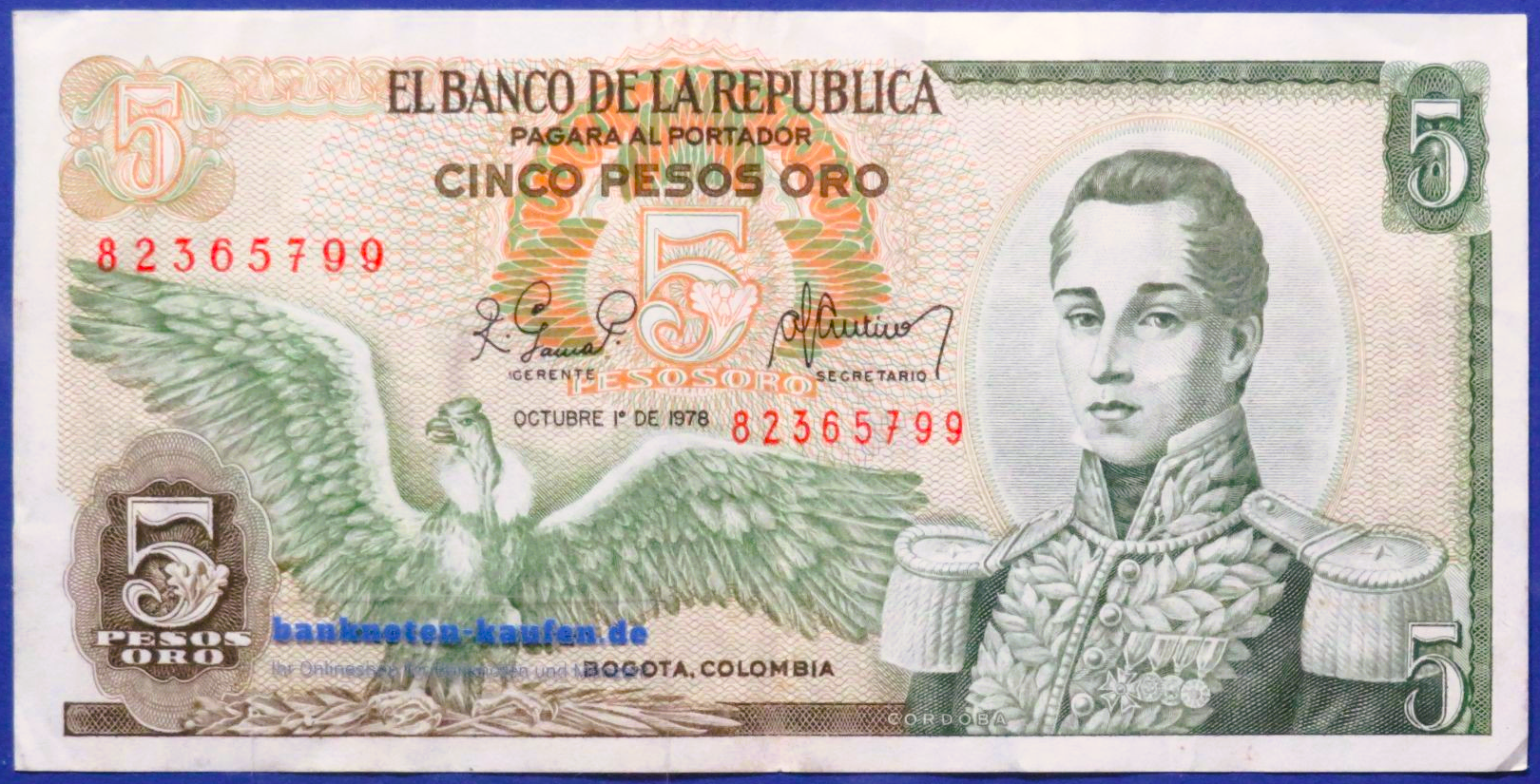 Kolumbien, 5 Pesos oro, 1978, gebraucht (USED / VF), P-406f