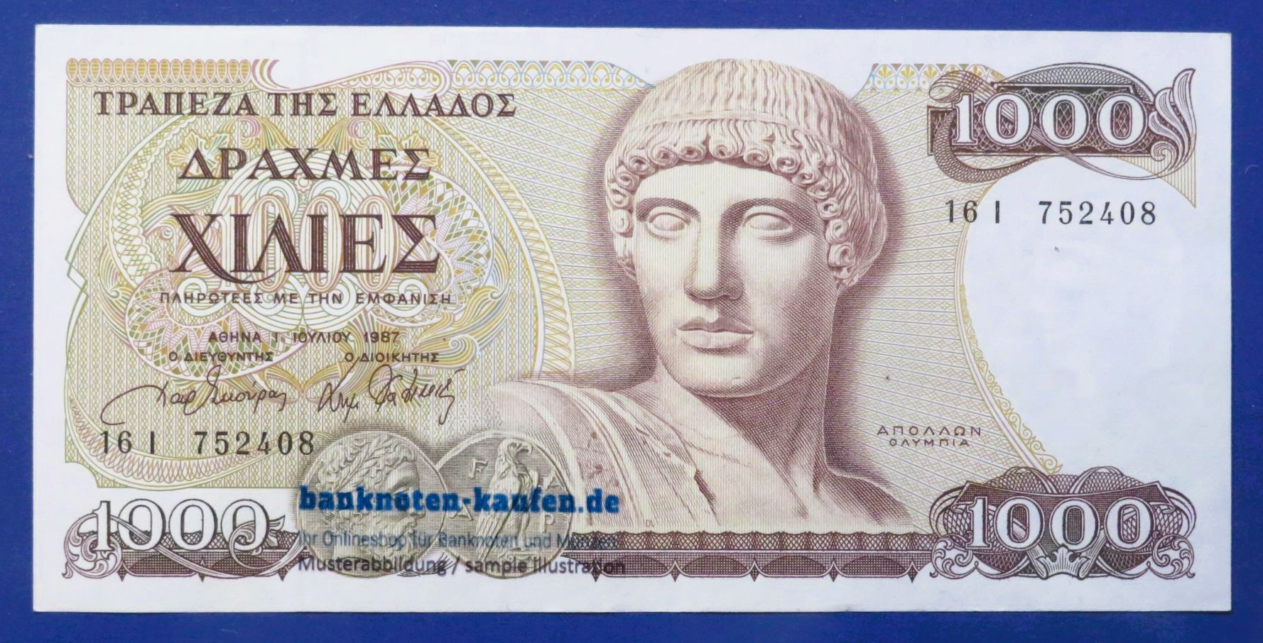 Greece - 1,000 Drachmes, 1987, circulated (USED / XF), P-202