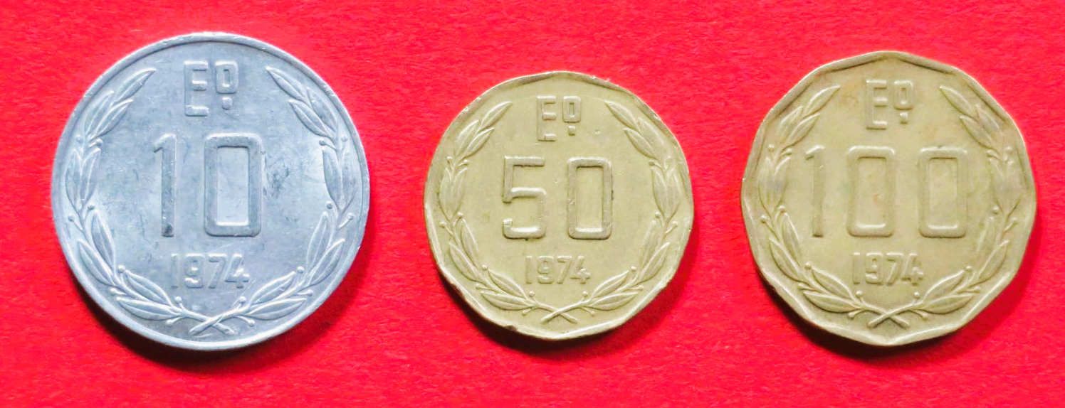 Chile - Set 3: 10/50/100 Escudos, 1974-1975, gebraucht (used / ss), # 47-49