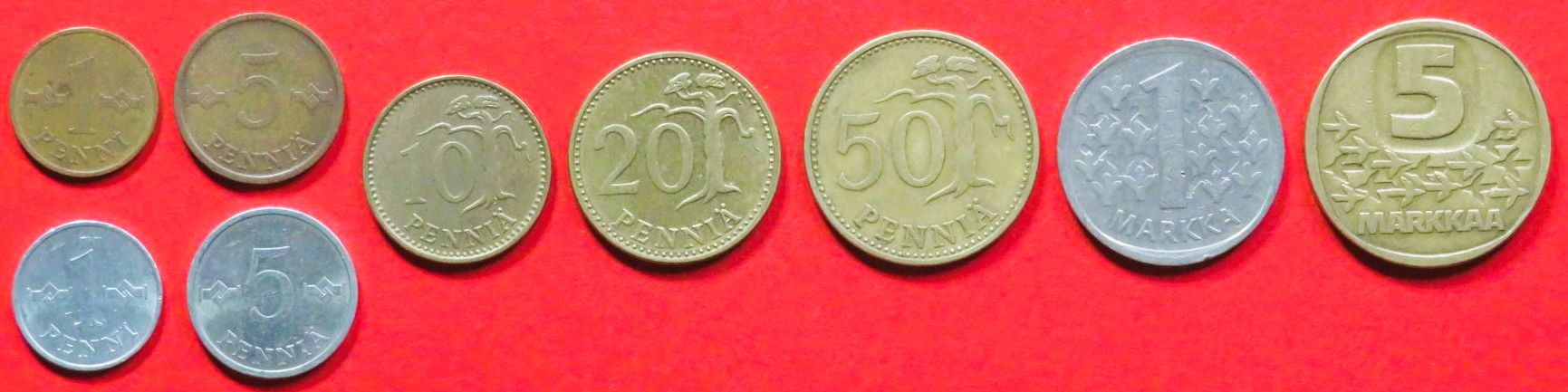 Finnland - Set 1: 1/1/5/5/10/20/50 Penniä + 1/5 Markkaa, 1963-1990, gebraucht (used / ss), # 46-50/51a/53