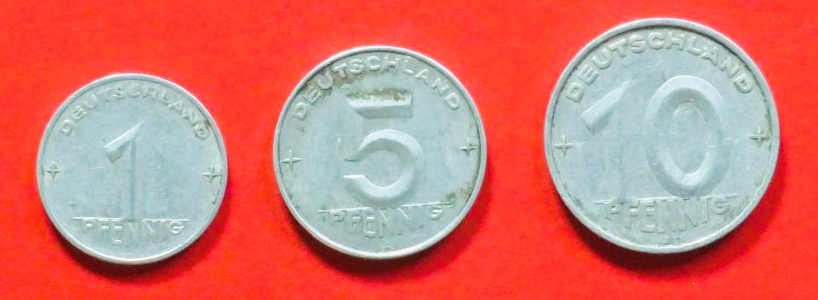 DDR - Set 2: 1/5/10 Pfennig, 1952-1953, gebraucht (used / ss), # 5-7