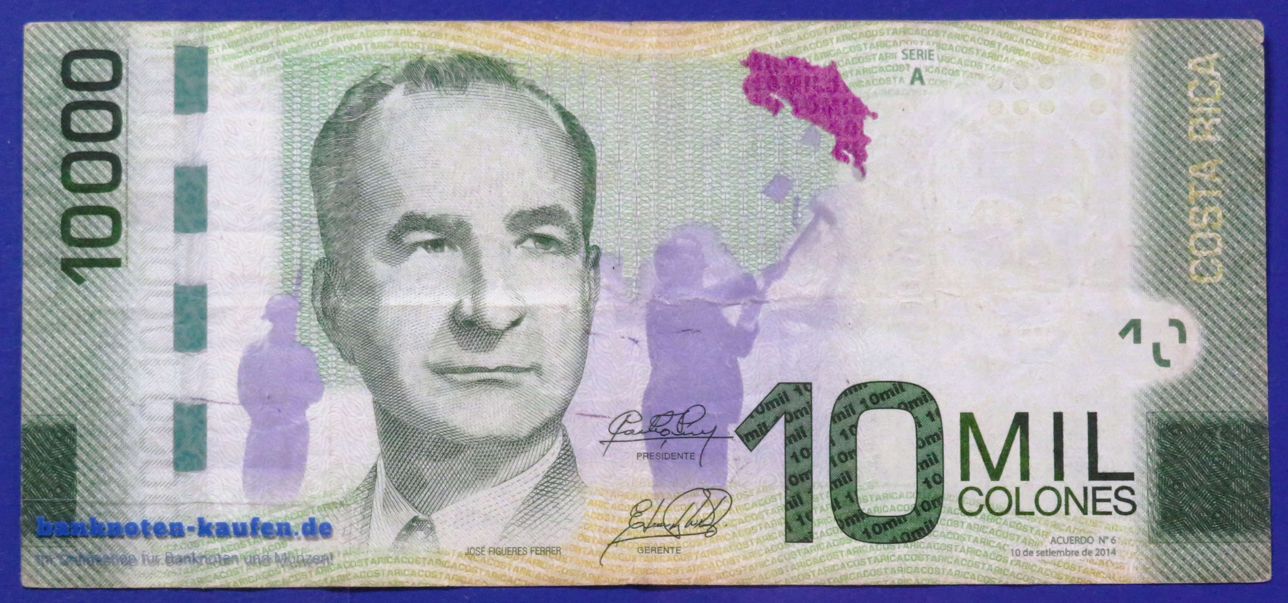 Costa Rica - 10,000 Colones, 2014, circulated (USED / VF-), P-277b
