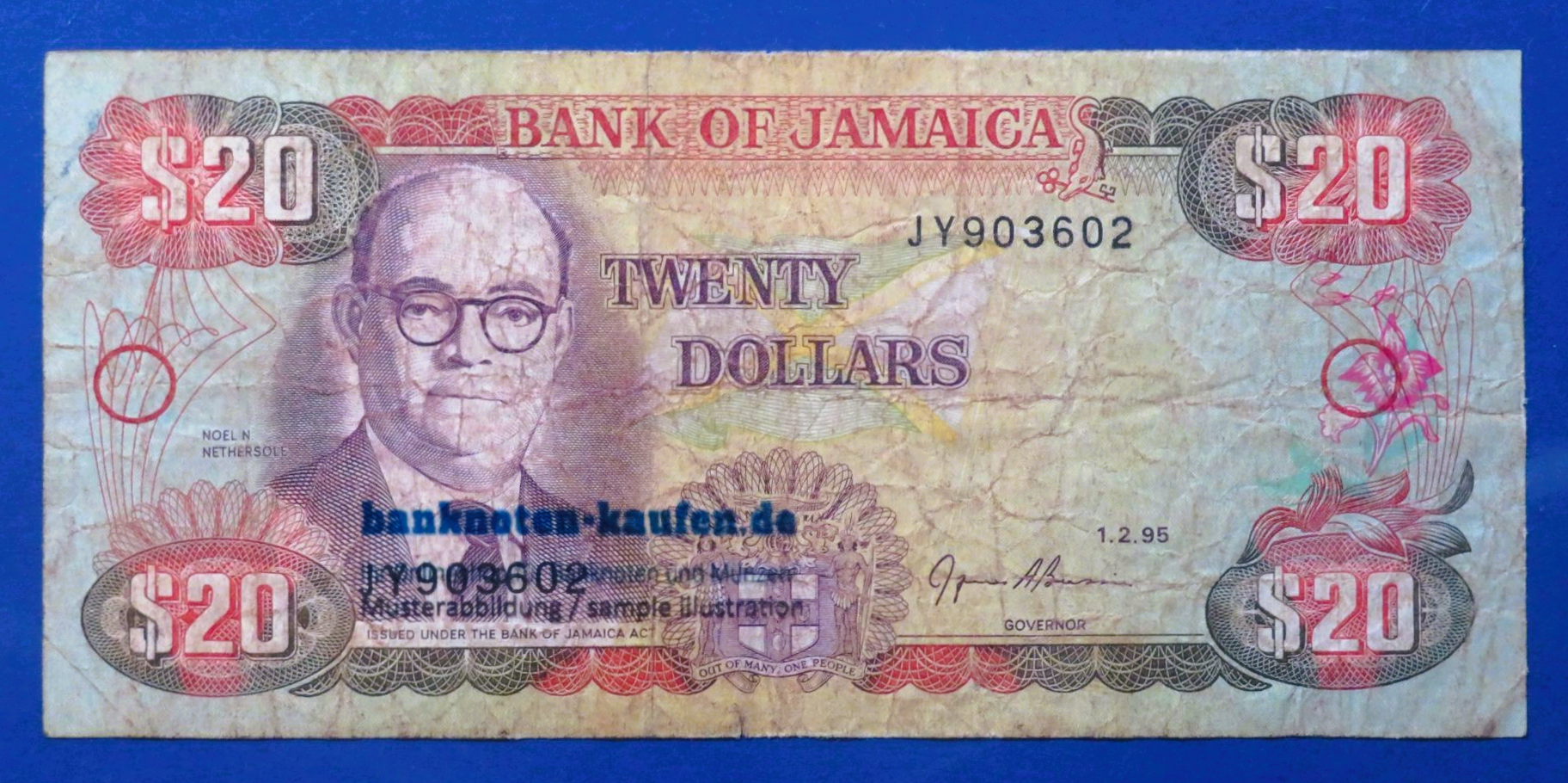Jamaica, 20 Dollars, 1995, circulated (USED / VG), P-72e