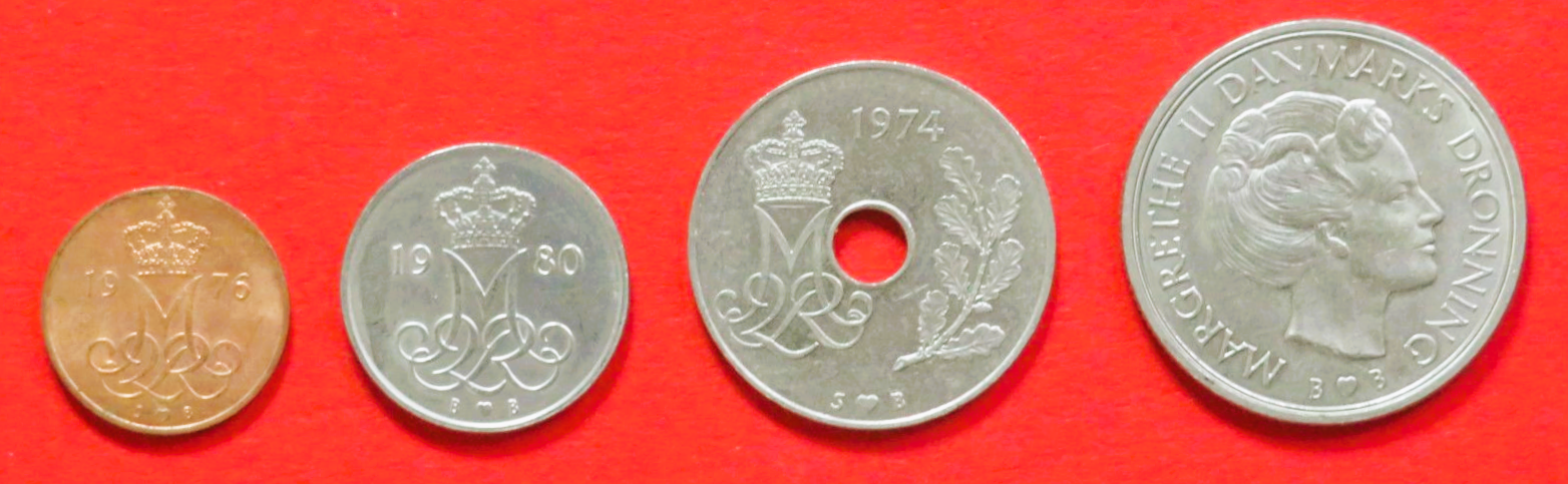 Dänemark - Set 4:  5/10/25 Öre + 1 Krone, 1973-1989, gebraucht (used / ss-vz), # 77-80