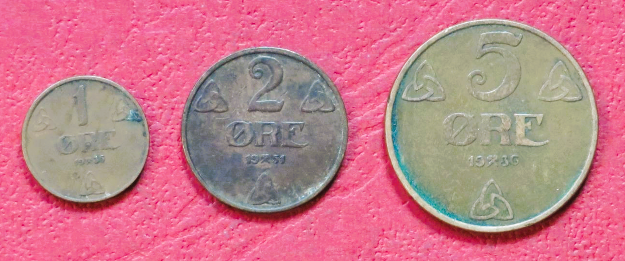 Norway - Set 1: set of 3 coins, 1-5 Öre, 1907-1952, circulated (USED / vf)