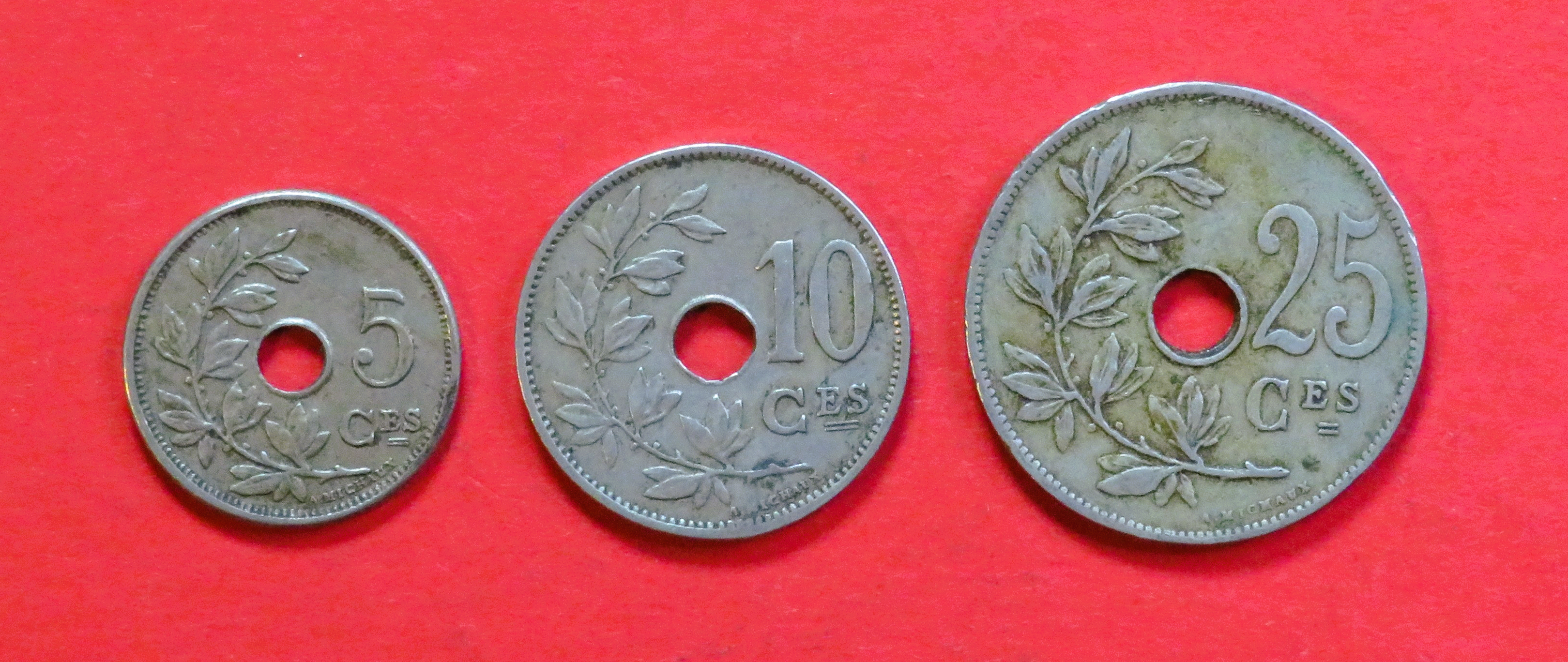 Belgium - Set 4:  5/10/25 Centimes (fr-type), 1910-1932, circulated (USED / vf), Albert I.