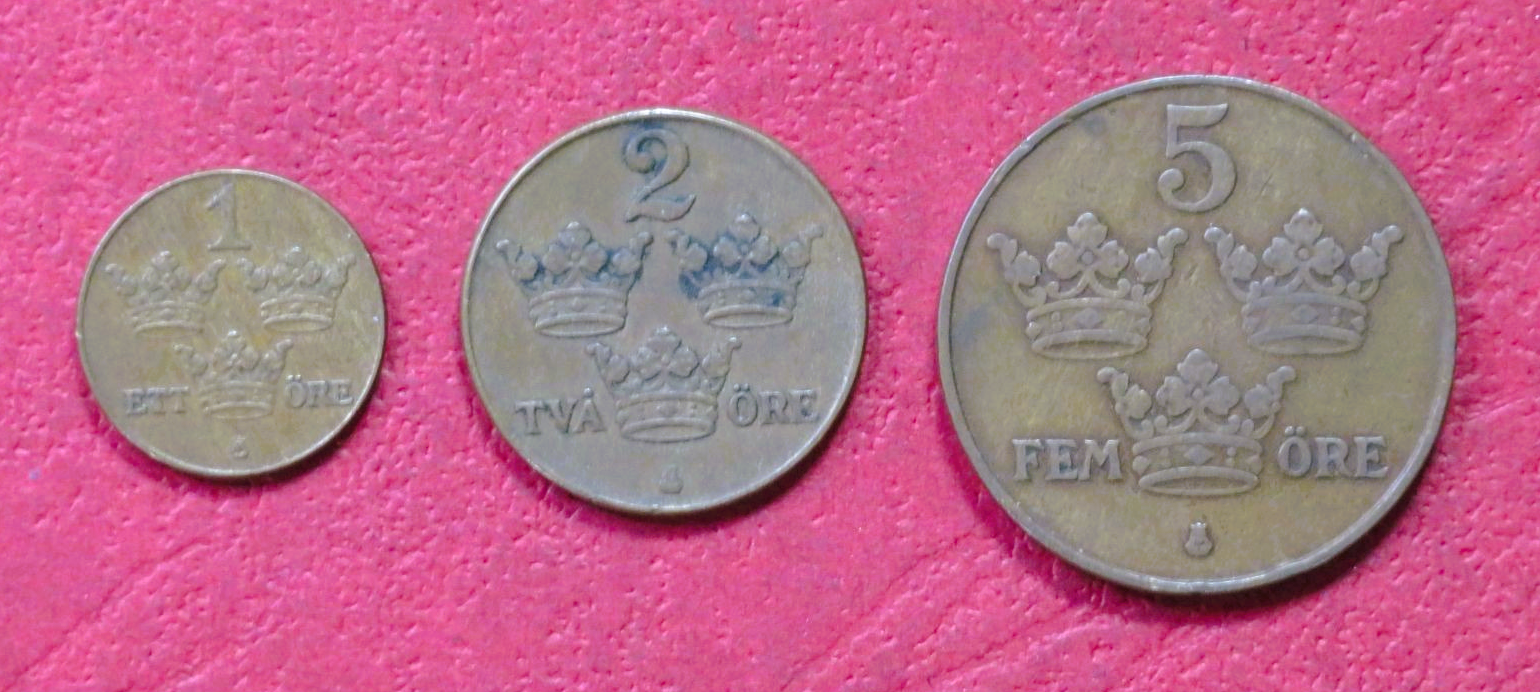 Sweden - Set 1: set of 3 coins, 1-5 Öre, 1909-1950, circulated (USED / vf)
