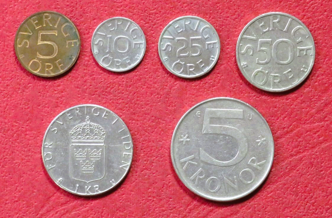Sweden - Set 5: set of 6 coins, 0,05-5 Kronor, 1976-2009, circulated (USED / vf)