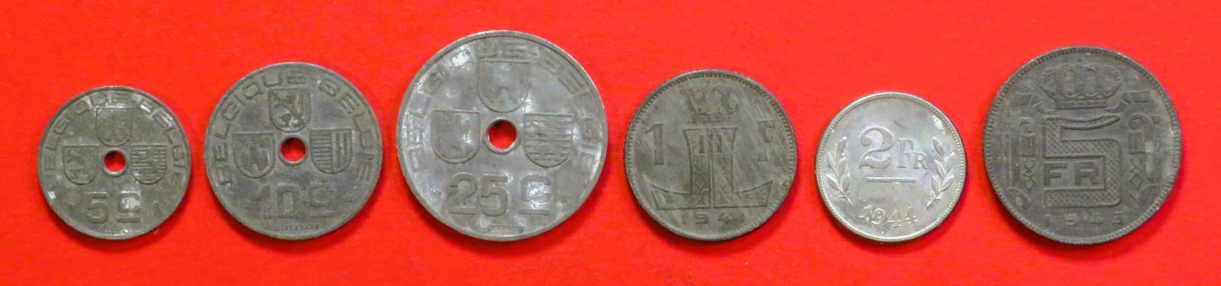 Belgium - Set:  5/10/25 Centimes + 1/2/5 Francs (fr-type / zinc), 1941-1947, circulated (USED / vf)