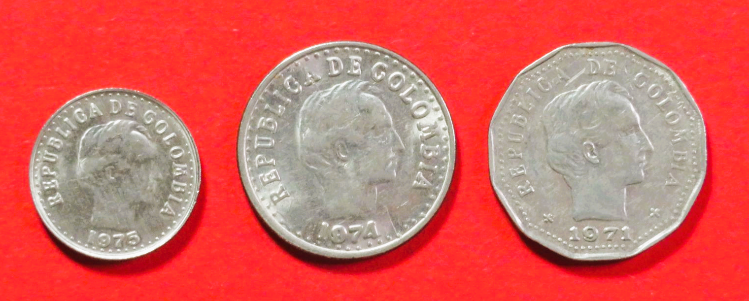 Kolumbien - Set 3:  10/20/50 Centavos, 1969-1980, gebraucht (used / ss), # 53.2/54.3/55