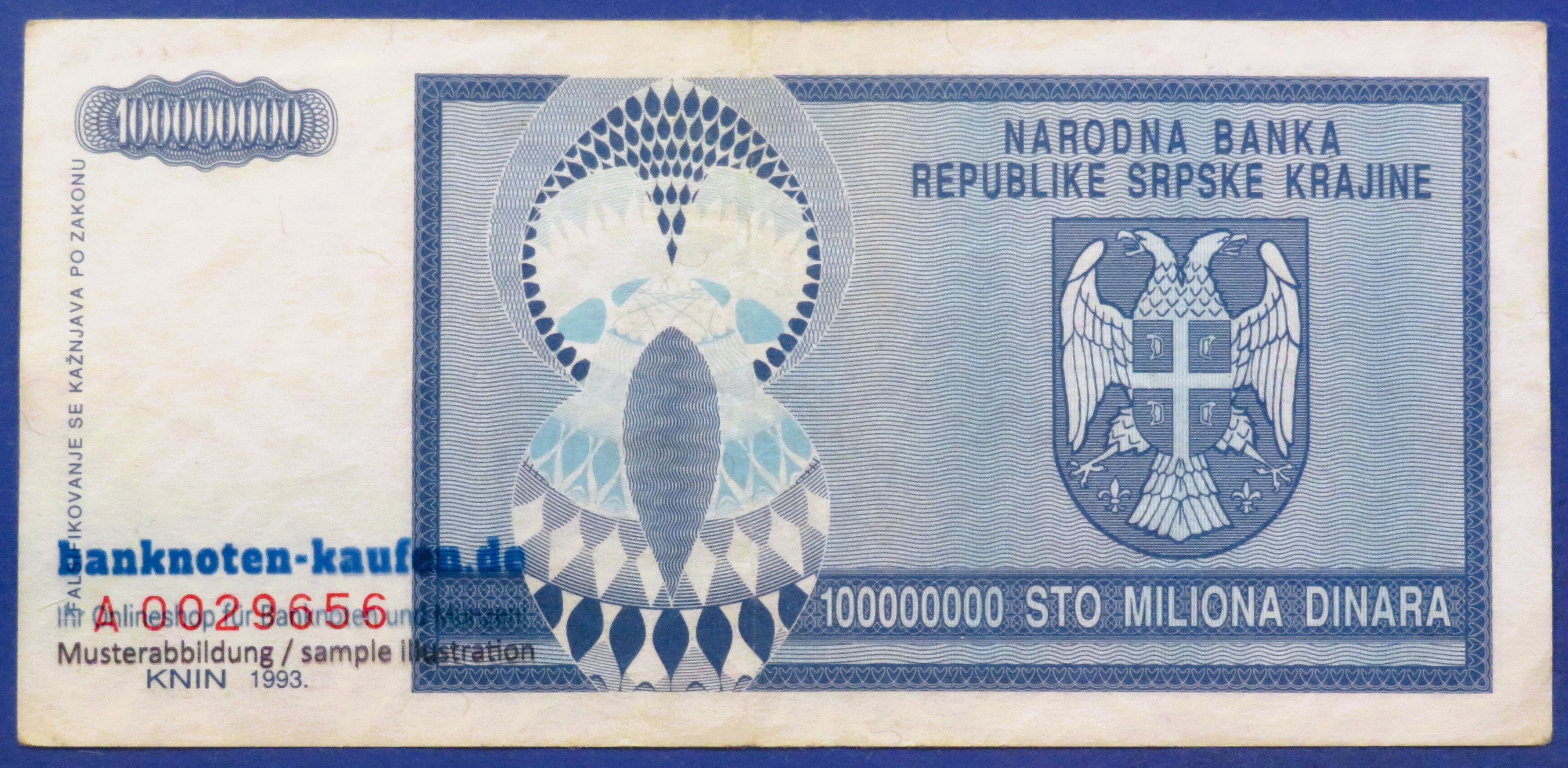 Republike Srpske Krajine - Knin, 100.000.000 Dinara, 1993, gebraucht (USED / VF)