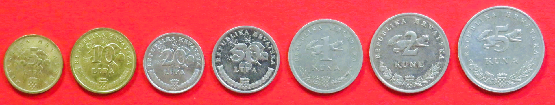 Kroatien - Set 2:  5/10/20/50 Lipa + 1/2/5 Kuna, 1994+, gebraucht (used / ss+), # 18-24 (Inschrift Latein)